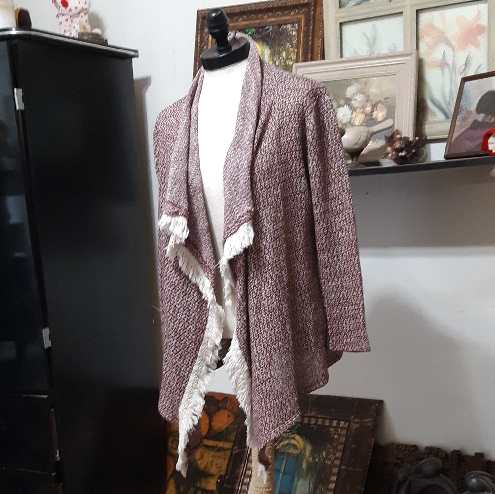 Womens Shawl cardigan Happy Hippie Fringe Knit Maroon AZ JEANS Plus sz B61